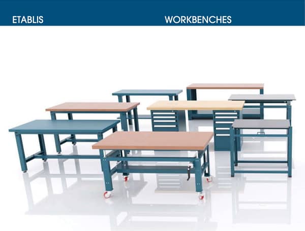 Catalogue des établis Heco, avec des établis sur fond blanc