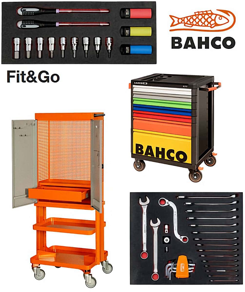 Différents modèles d'unités de stockage d'outils industriels et d’organisation d’atelier de marque Bahco, notamment des chariots mobiles, des boîtes à outils et des postes de travail