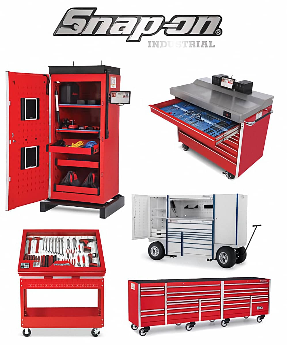 Différents modèles d'unités de stockage d'outils industriels et d’organisation d’atelier de marque Snap-on, notamment des armoires, des coffres et des postes de travail, le tout dans la couleur rouge de la marque