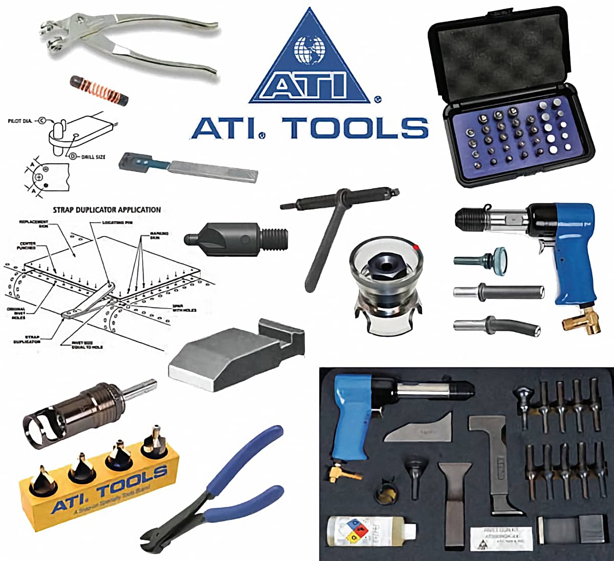Un ensemble d’outils à main et électroniques professionnels de la marque ATI Tools : des douilles, pinces, et embouts