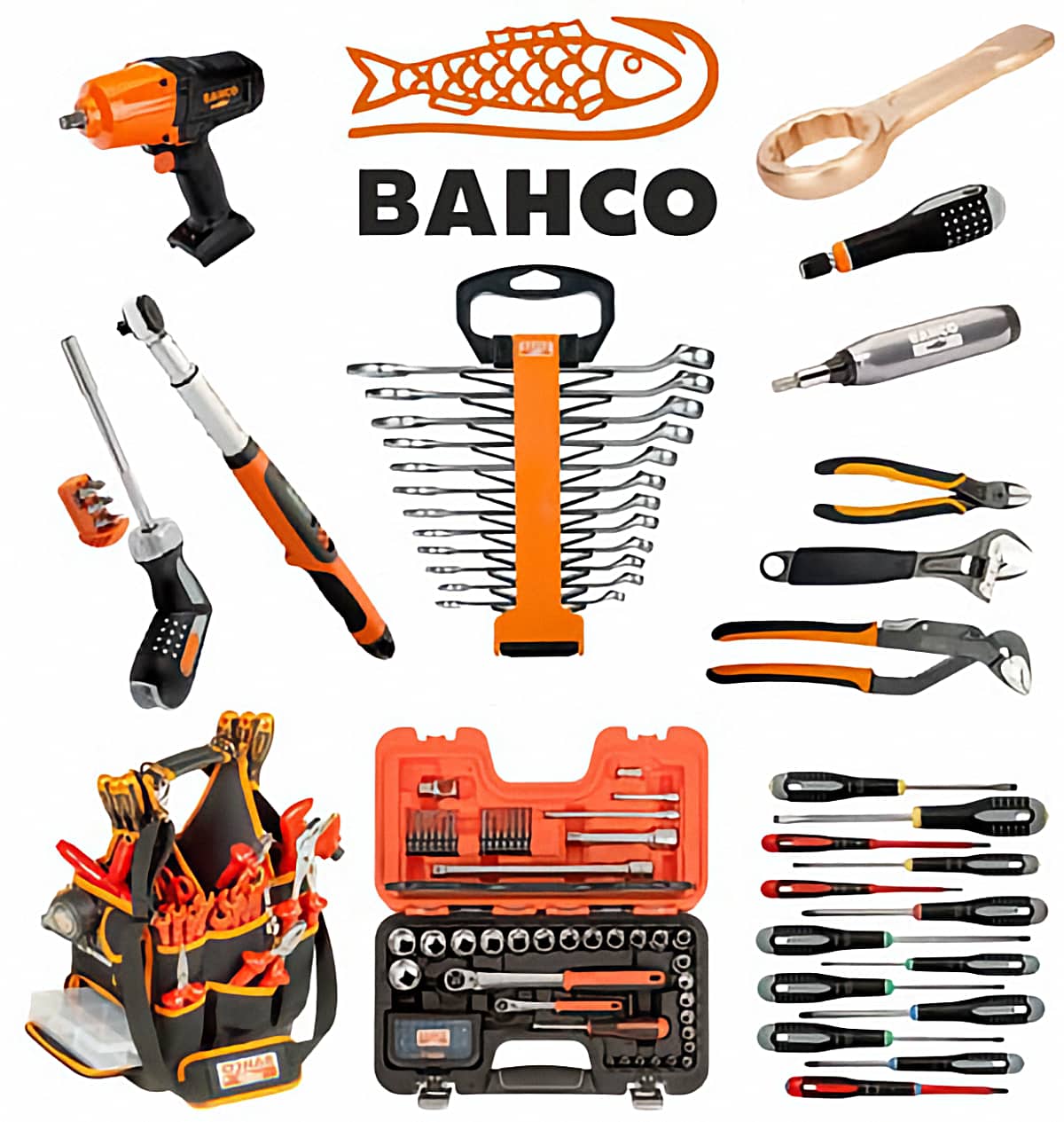 Un ensemble d’outils à main et électroniques professionnels de la marque Bahco : des clefs, douilles, et embouts