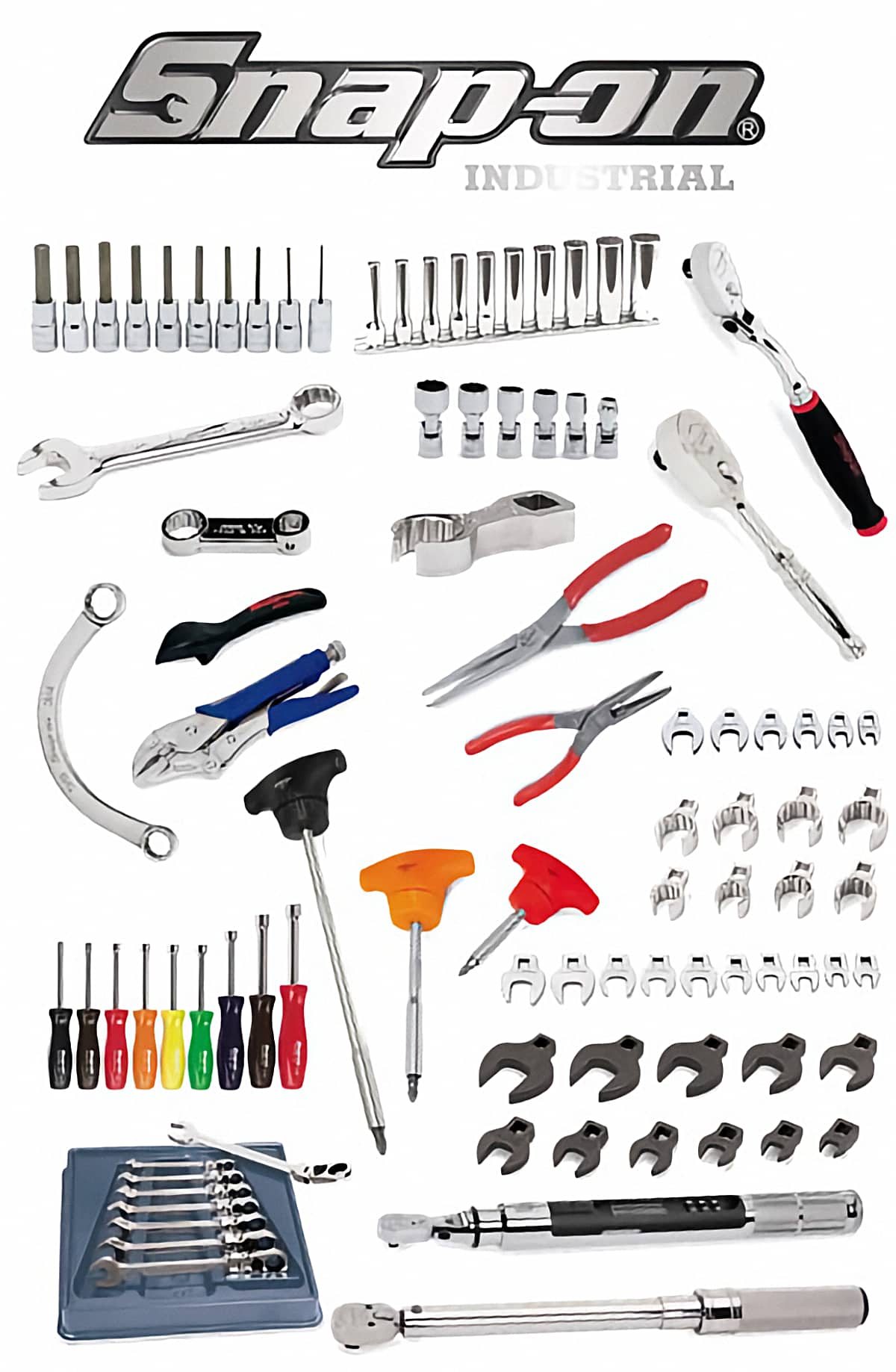 Un ensemble d’outils à main professionnels de la marque Snap-on : des clefs, douilles, et embouts