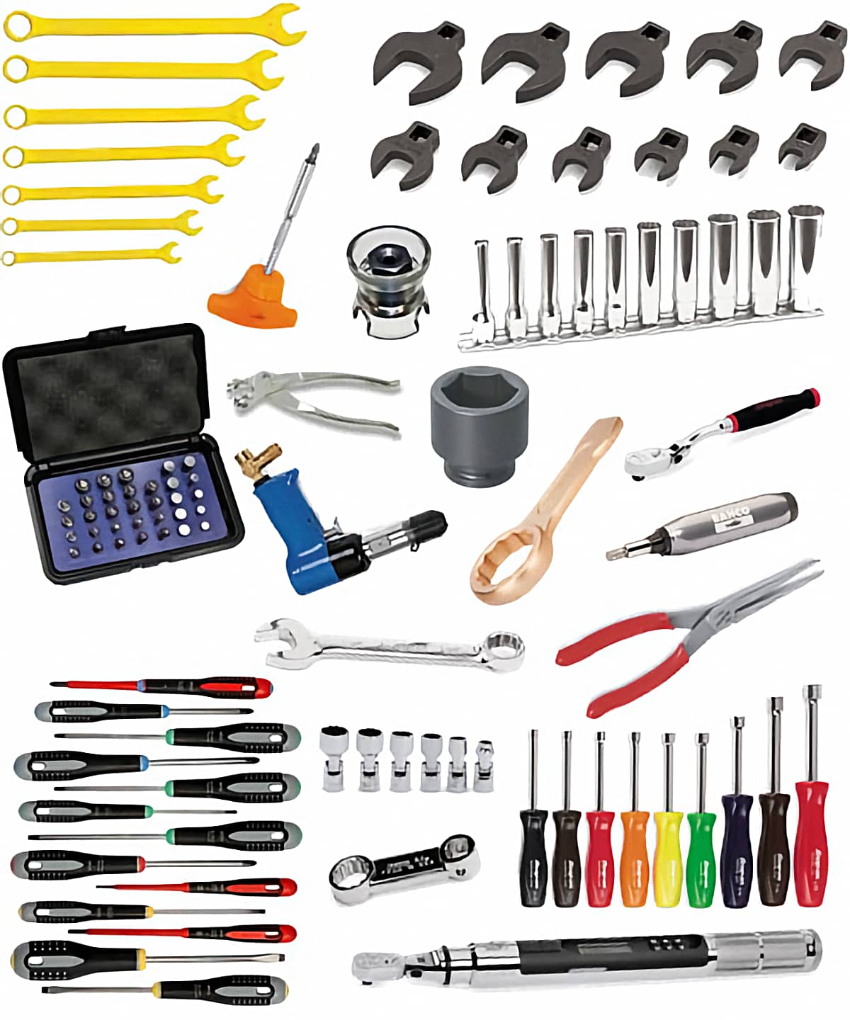 Un ensemble d’outils à main professionnels de différentes marques reconnues pour leur savoir-faire : des clefs, douilles, embouts, cliquets, tournevis, pinces, etc.