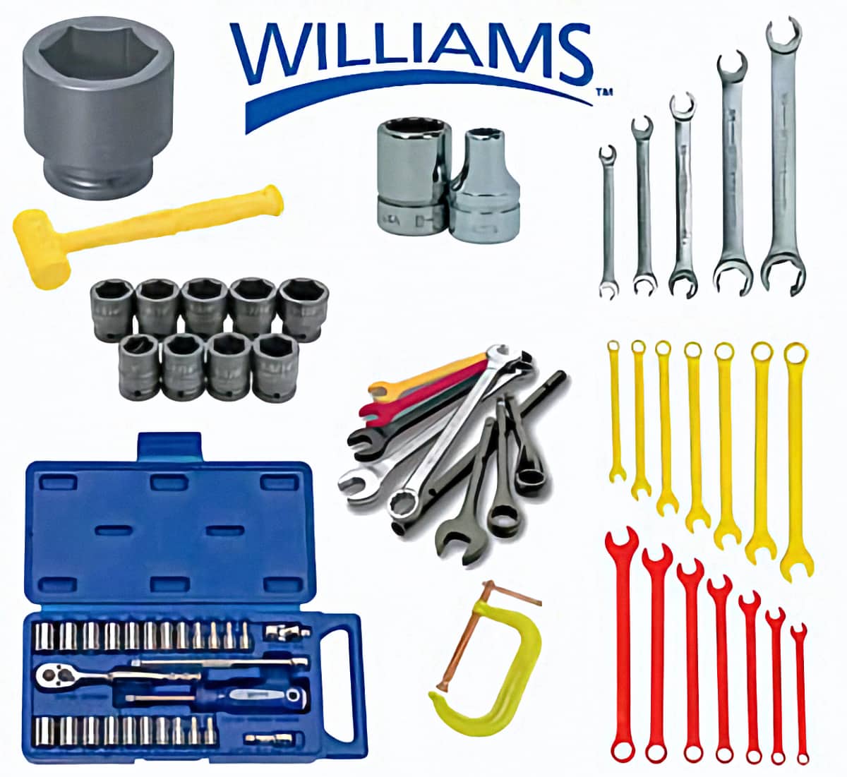 Un ensemble d’outils à main professionnels de la marque Williams : des clefs, douilles, et embouts